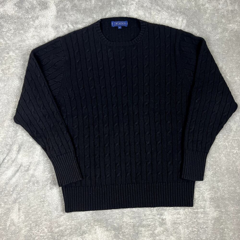 J McLaughlin Cashmere Sweater‎ Mens XL Black Cable Knit Crew Neck Pullover